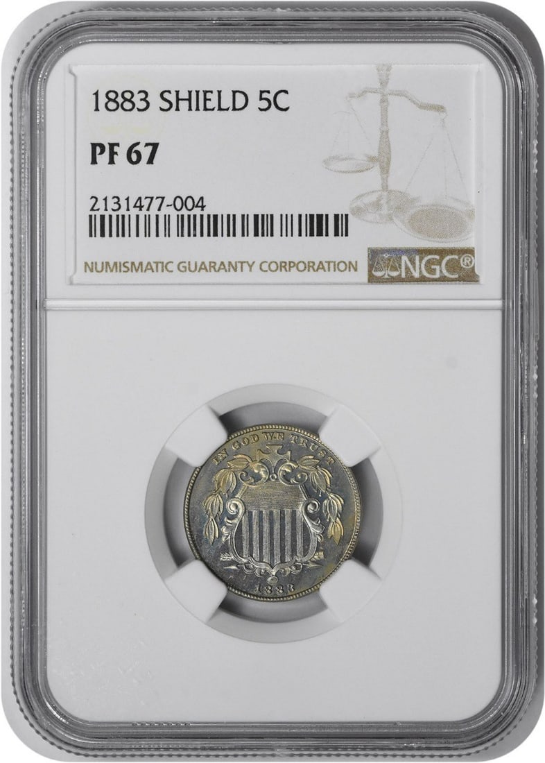1883 Shield Nickel PR67 NGC: 1883 Shield Nickel PR67 NGC The 1883 Shield Nickel PR67 NGC is a stunning example of American numismatics, boasting a high-grade proof condition and bearing the esteemed certification of the Numismati
