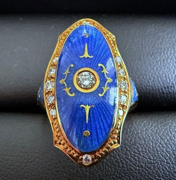Faberge Blue Enamel Diamond 0.22ct 18k Gold Ring Limited 300pcs EU48 US4.5-5 (1 of 11)