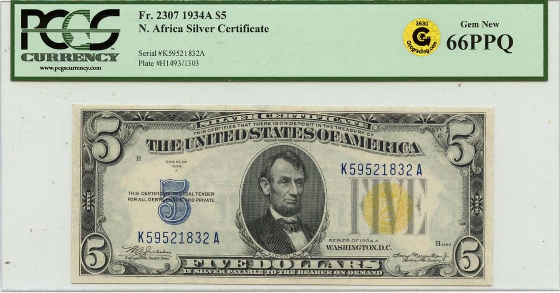 1934A $5 North Africa WWII Emergency Issue FR#2307 PCGS GEM 66 PPQ GCC Gold: 1934A $5 North Africa WWII Emergency Issue FR#2307 PCGS GEM 66 PPQ GCC Gold The 1934A $5 North Africa WWII Emergency Issue FR#2307 PCGS GEM 66 PPQ GCC Gold is a highly graded uncirculated note, certif
