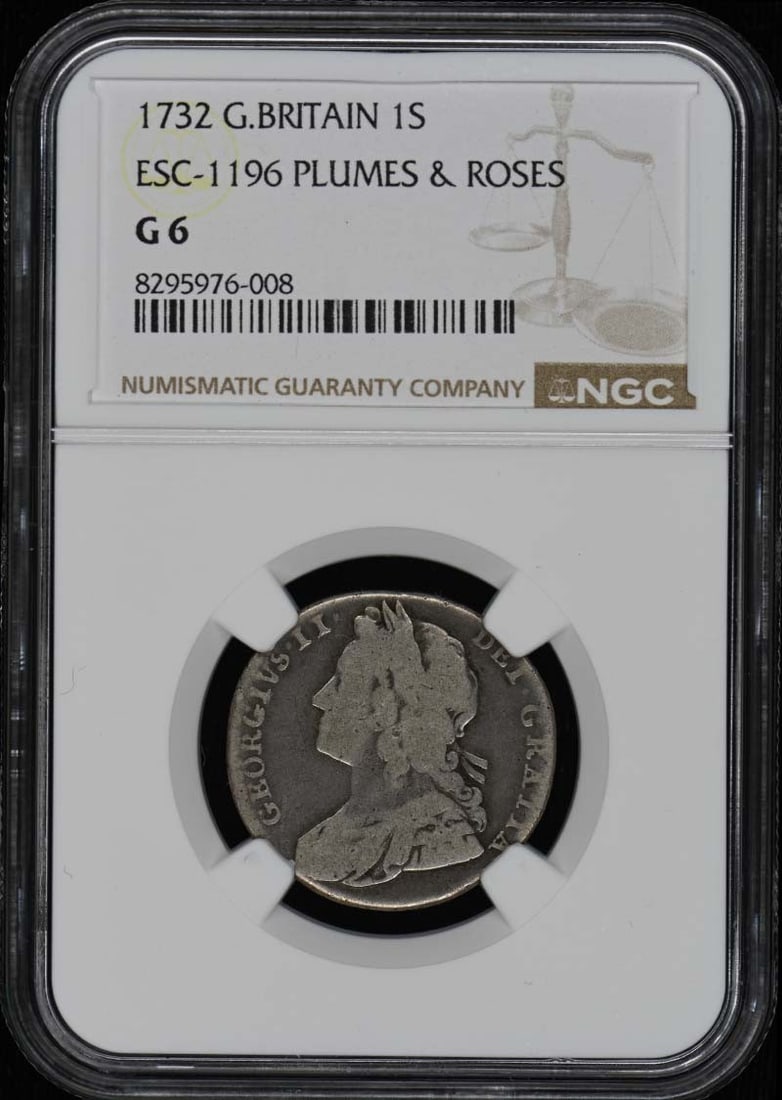1732 G.BRITAIN ESC-1196 PLUMES & ROSES 1S Silver Shilling NGC G6: 1732 G.BRITAIN ESC-1196 PLUMES & ROSES 1S Silver Shilling NGC G6 The 1732 G.BRITAIN ESC-1196 PLUMES & ROSES 1S Silver Shilling NGC G6 features a striking design, with intricate plumage and floral moti