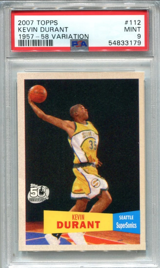 Kevin Durant 2007-08 Topps 1957-58 Variation #112 PSA NM-MT 9 RC: Kevin Durant 2007-08 Topps 1957-58 Variation #112 PSA NM-MT 9 RC PSA NM-MT 9 RC Kevin Durant 2007-08 Topps 1957-58 Variation #112 - A highly graded rookie card from the 2007-08 season, featuring Kevin