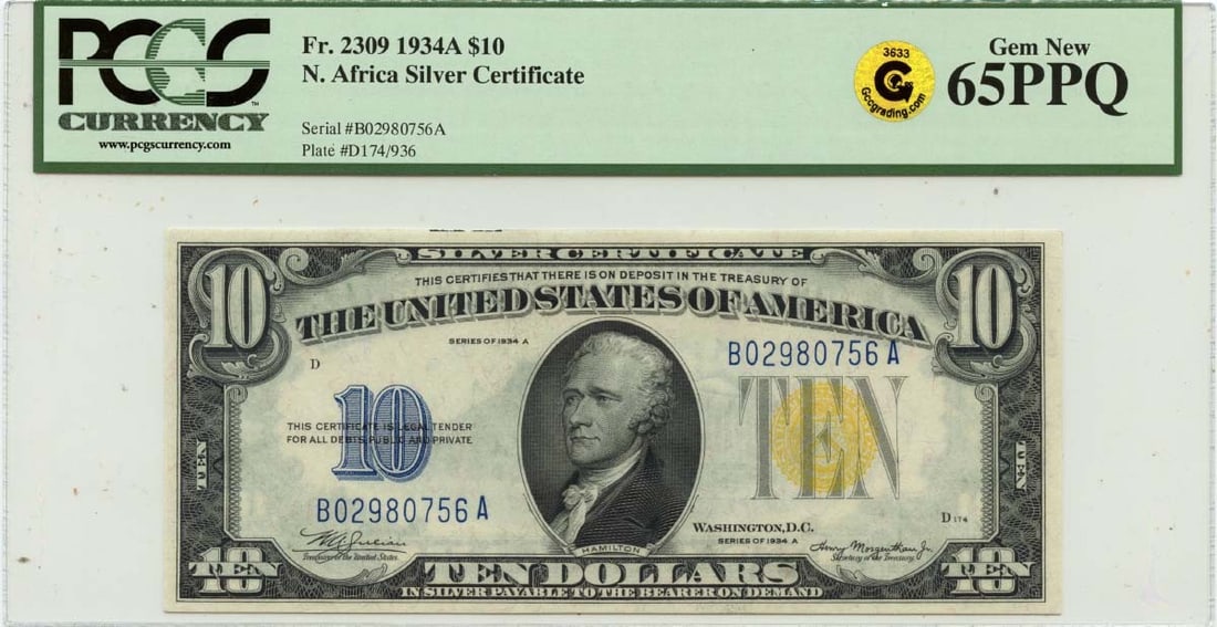 1934A $10 Silver Certificate North Africa WWII FR#2309 PCGS GEM 65 PPQ: 1934A $10 Silver Certificate North Africa WWII FR#2309 PCGS GEM 65 PPQ The 1934A $10 Silver Certificate features a striking design, including the iconic portrait of Salmon P. Chase and George Washingt