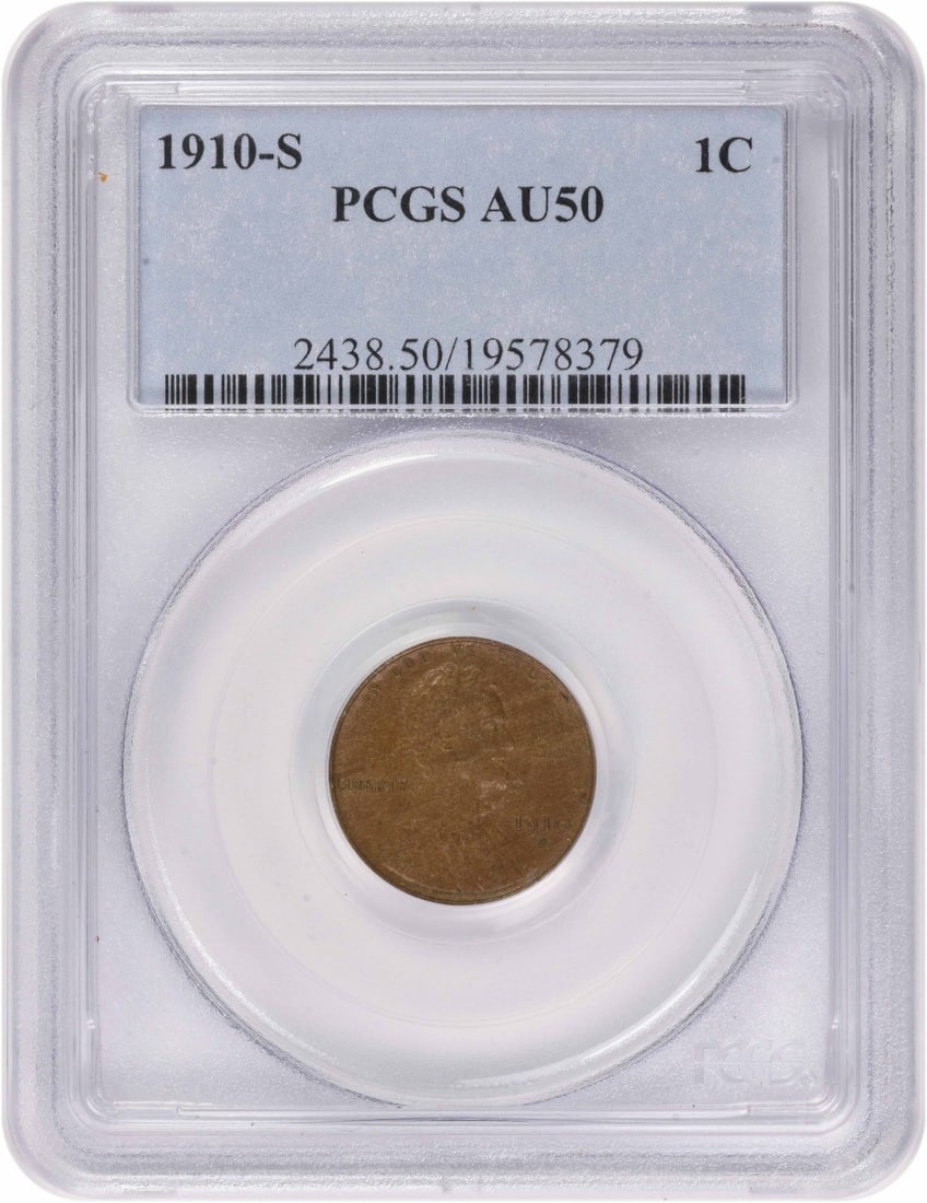 1910-S Lincoln Cent AU50 PCGS: 1910-S Lincoln Cent AU50 PCGS The 1910-S Lincoln Cent AU50 PCGS is a circulated example of the iconic Small Cent Coin, featuring Abraham Lincoln's profile on the obverse and the Wheat sheaf design on 
