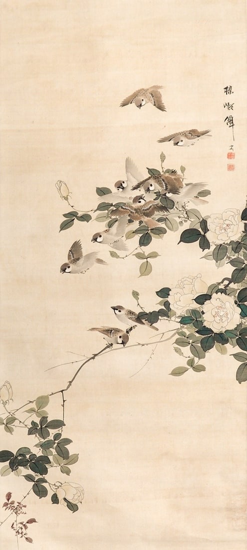 Meiji Kakejiku Art of Japanese Sparrows Hanging Kono Antique Bairei Group: Meiji Kakejiku Art of Japanese Sparrows Hanging Kono Antique Bairei Group Item Specifics: Artist: Kono Bairei Subject: Sparrows Bird and Flower Material: Paper and Silk Style: Japanese Year Of Product