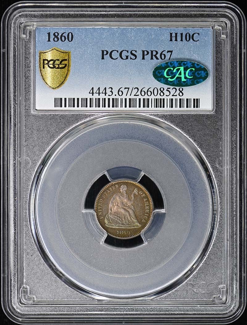 Half dime Liberty Seated 1860 CAC PCGS PR67: Half dime Liberty Seated 1860 CAC PCGS PR67 PCGS PR67, the highest grade for a circulated coin. This 1860 Liberty Seated Half Dime features a striking proof mint mark from Philadelphia and bears the C