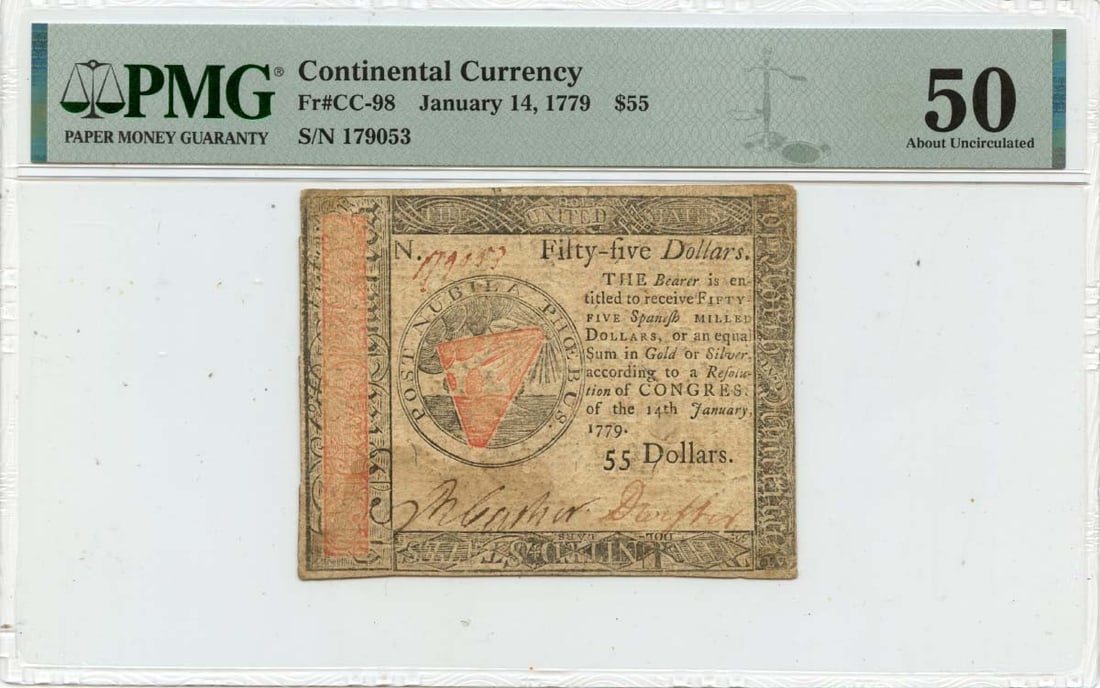 $55 Continental Currency FR # CC-98 Au50 14 January 1779: $55 Continental Currency FR # CC-98 Au50 14 January 1779 The Continental Currency FR # CC-98 Au50, dated January 14, 1779, boasts an AU50 grade and carries the PMG certification number 2370365018. Thi