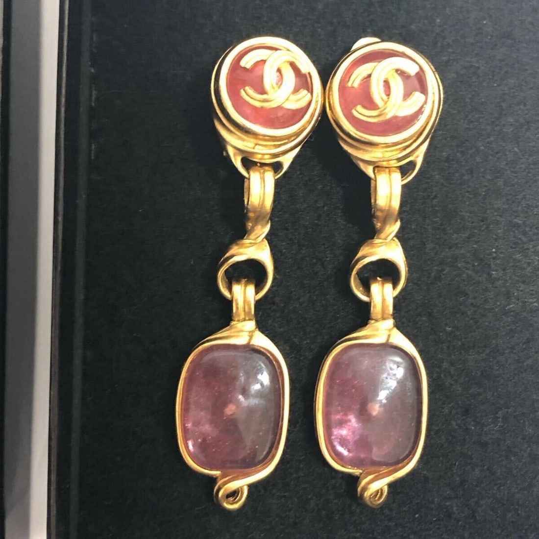 Vintage CHANEL 96P Coco Mark CC Pink Guripoix Dangle Earring 2.95 inches in Rare (1 of 9)