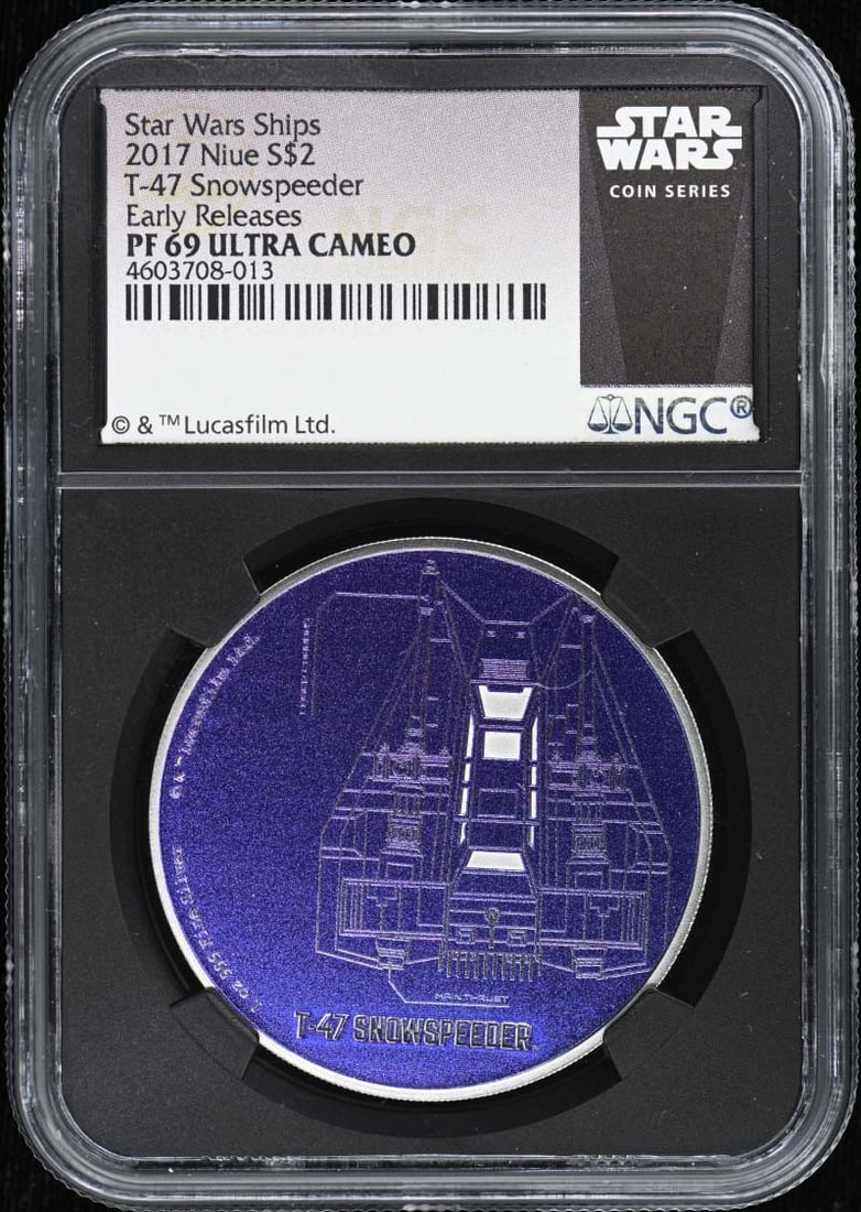 Snowspeeder Early Releases Niue 2017 T-47 S$2 NGC PR69DCAM: Snowspeeder Early Releases Niue 2017 T-47 S$2 NGC PR69DCAM NGC PR69DCAM graded coin, featuring the Snowspeeder Early Releases Niue 2017 T-47 design, with a high level of detail and craftsmanship. This