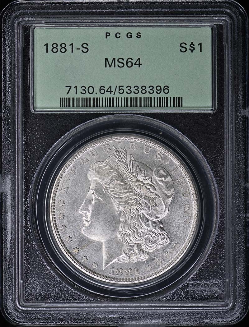 1881-S $1 Morgan Dollar PCGS MS64 OGH: 1881-S $1 Morgan Dollar PCGS MS64 OGH MS64 PCGS Certified Morgan Dollar from the San Francisco Mint, featuring a beautiful OGH (Original Glossy) finish. This 1881-S dollar showcases its impressive con