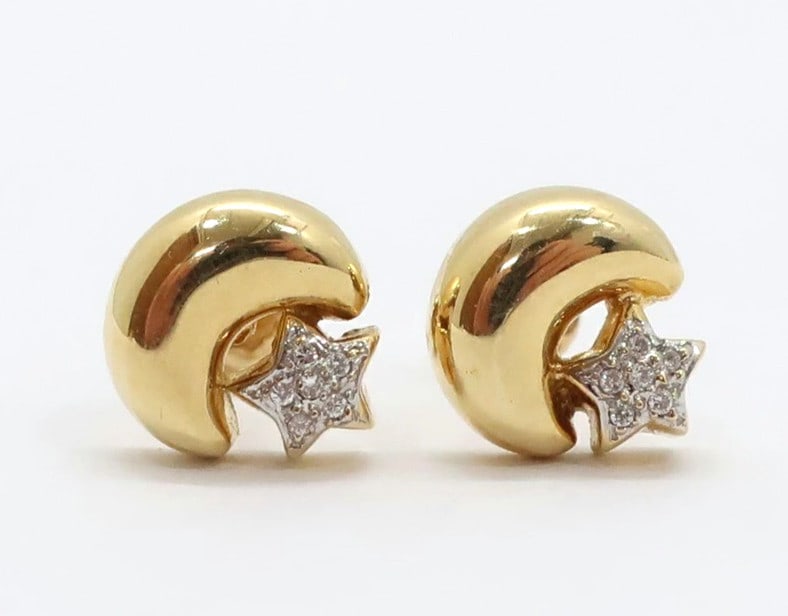 Diamond Crescent Moon Star Stud Yellow Gold 18k White Earrings (1 of 9)
