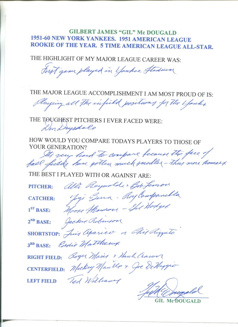 Gil McDougald Autographed Hand Filled Out Survey Page (1 of 1)