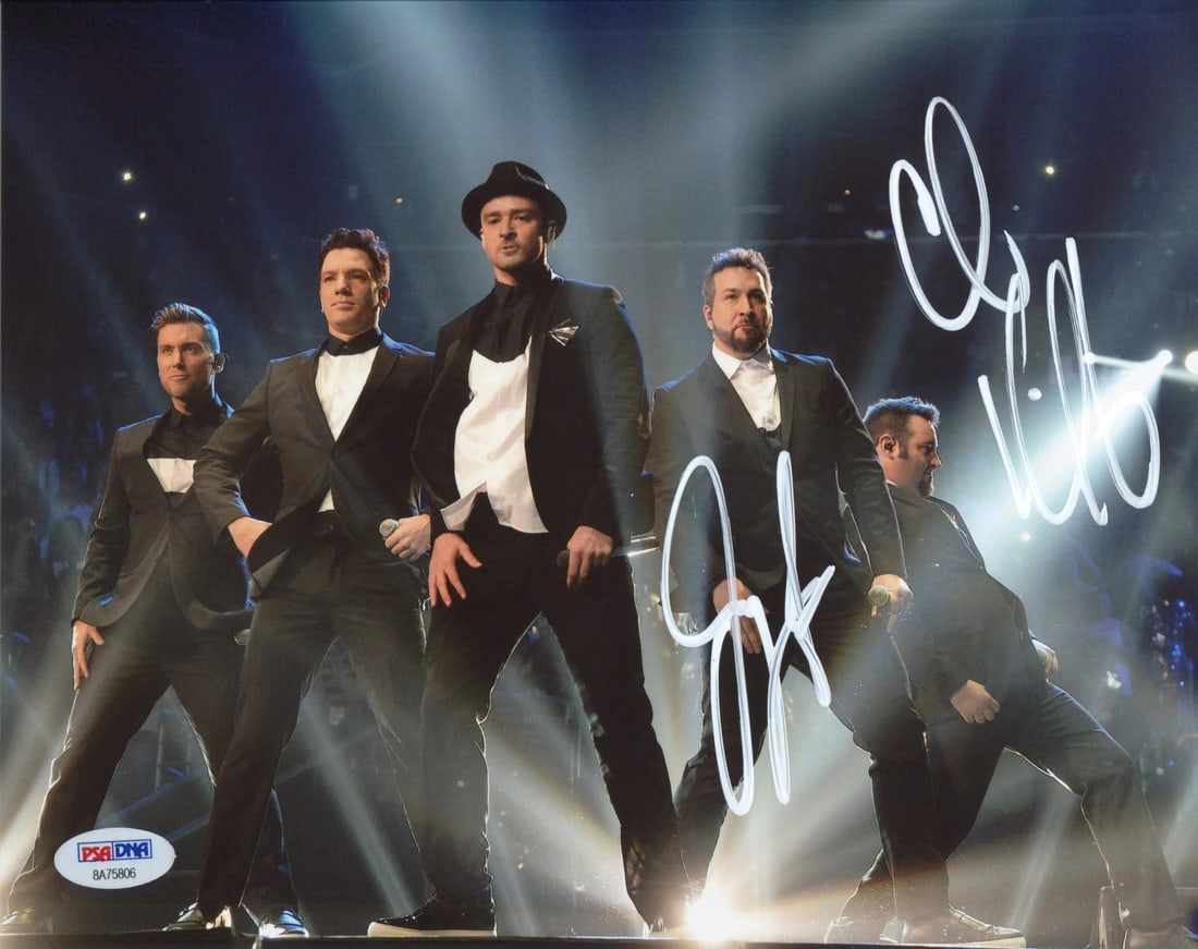 Joey Fatone & Chris Kirkpatrick Autographed NSYNC 8x10 Photo (PSA): Joey Fatone & Chris Kirkpatrick Autographed NSYNC 8x10 Photo (PSA) Signed in white paint pen across the front of the photo, Joey Fatone and Chris Kirkpatrick's autographs add a unique touch to this of