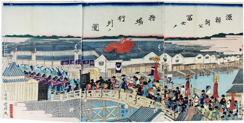Kuniteru Woodblock Print Triptych Yoritomo Mt Fuji Hunting Procession (1 of 1)