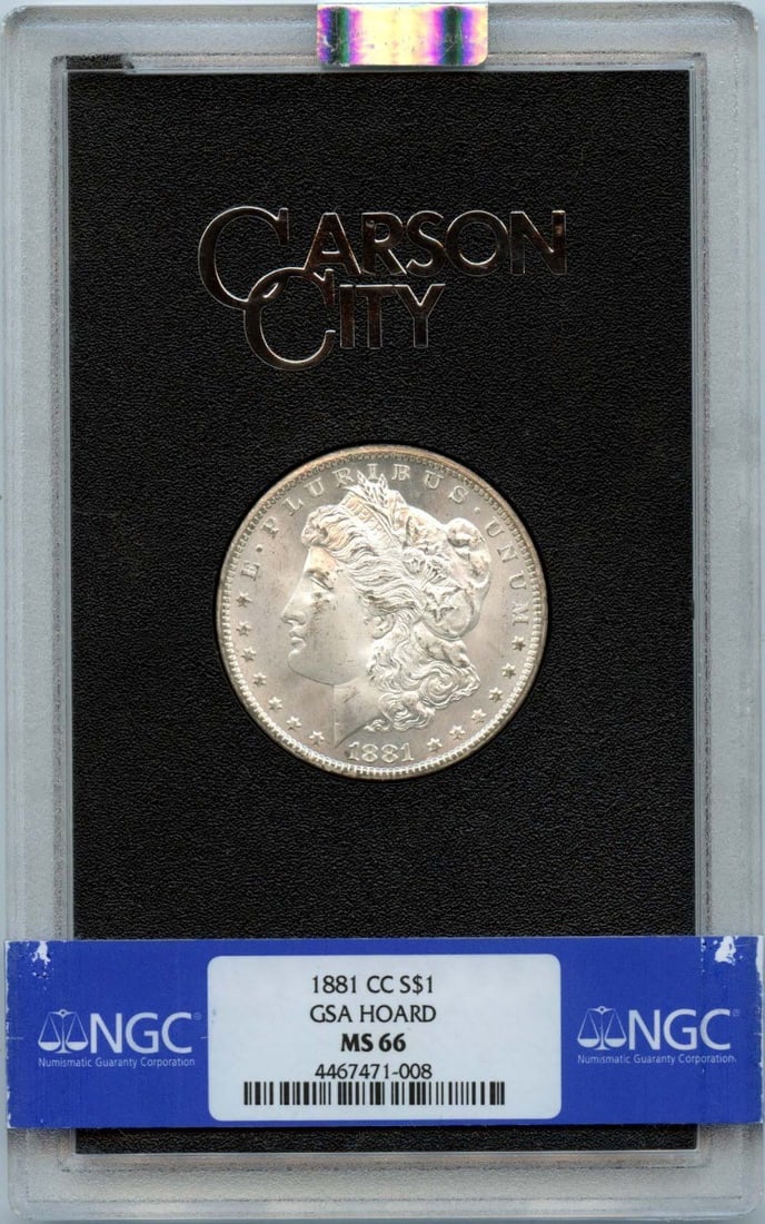 1881-CC Morgan Dollar GSA HOARD S$1 NGC MS66 Rev Rainbow: 1881-CC Morgan Dollar GSA HOARD S$1 NGC MS66 Rev Rainbow The NGC MS66 Rev Rainbow 1881-CC Morgan Dollar GSA HOARD S$1 is a stunning example of circulated uncirculated currency, boasting a rich, rainbo