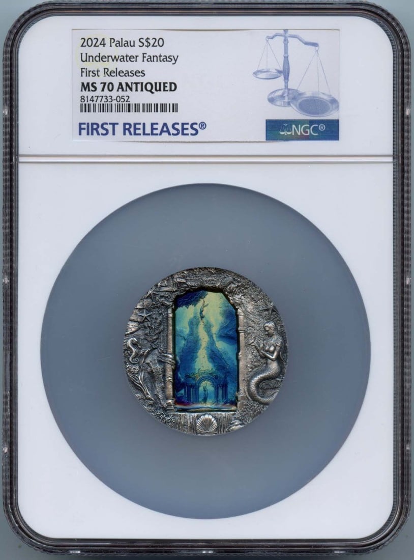 2024 Palau Mermaids - First Releases Underwater Fantasy S$20 NGC MS70AN: 2024 Palau Mermaids - First Releases Underwater Fantasy S$20 NGC MS70AN The 2024 Palau Mermaids First Release Underwater Fantasy coin boasts an impressive NGC MS70AN grade, showcasing its exceptional 
