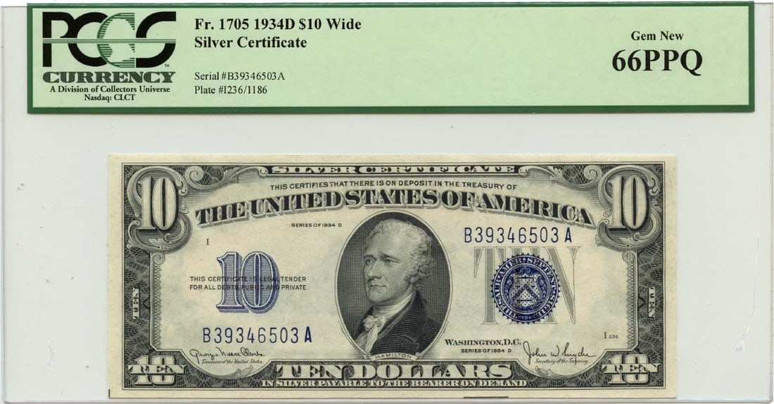 1934D $10 Silver Certificate Blue Julian Snyder Fr# 1705 PCGS GEM 66 PPQ: 1934D $10 Silver Certificate Blue Julian Snyder Fr# 1705 PCGS GEM 66 PPQ The 1934D $10 Silver Certificate Blue, graded MS66 by PCGS, boasts a stunning blue color and features the signature of Julian S