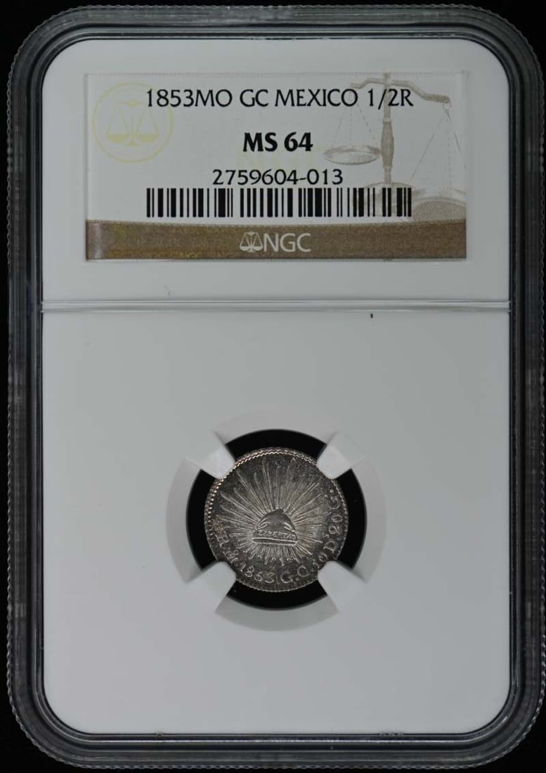 1853MO GC MEXICO 1/ 2R Reales NGC MS64: 1853MO GC MEXICO 1/ 2R Reales NGC MS64 1853MO GC MEXICO 1/ 2R Reales NGC MS64, an uncirculated coin from the esteemed Mexico Mint, boasts a high grade of MS64. The coin's rich history and detailed gra