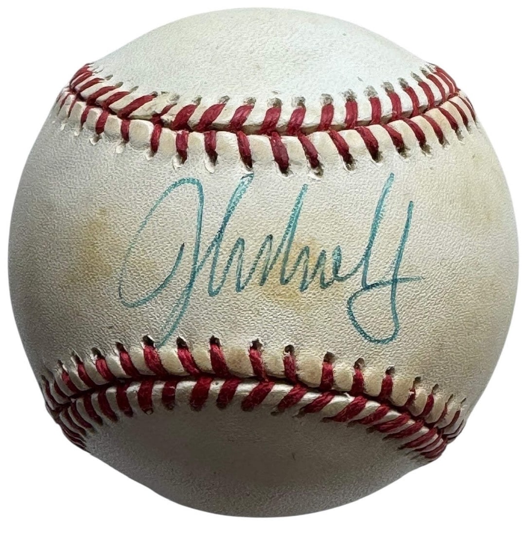 Smoltz John Autographed Official JSA Baseball League National: Smoltz John Autographed Official JSA Baseball League National Official National League Baseball signed in blue pen by John Smoltz, the legendary pitcher who won the Cy Young Award and led the Atlanta 