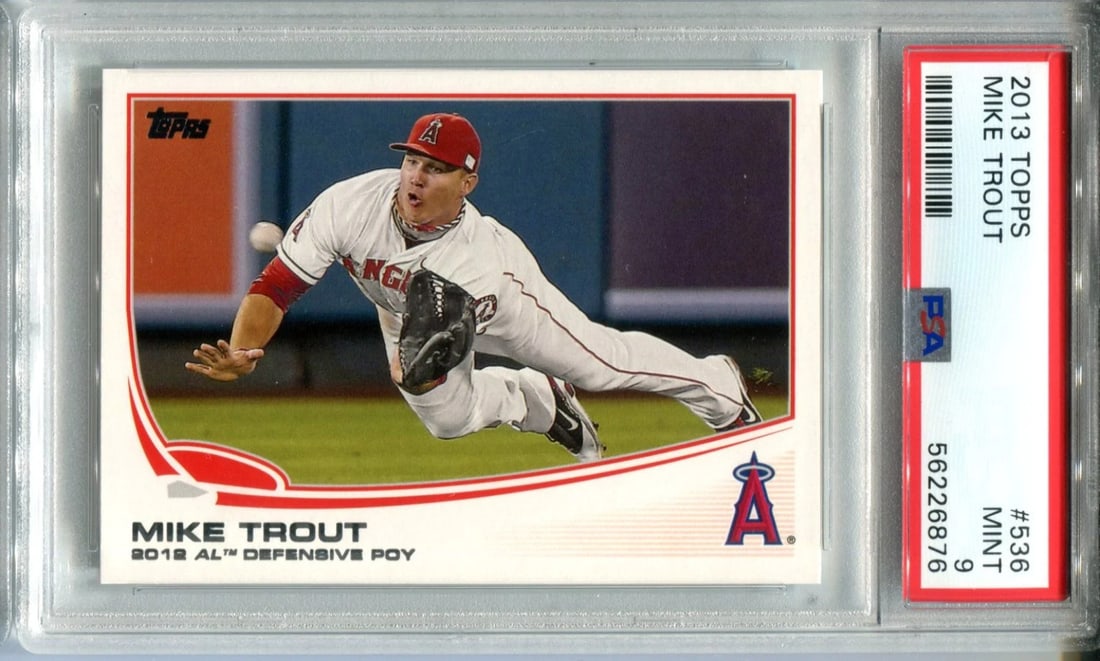 Mint PSA Card 536 2013 Topps Trout Mike: Mint PSA Card 536 2013 Topps Trout Mike PSA Mint 9 Card featuring Mike Trout's 2013 Topps Trout, the first card in the set. This highly sought-after card showcases Trout's impressive rookie season and