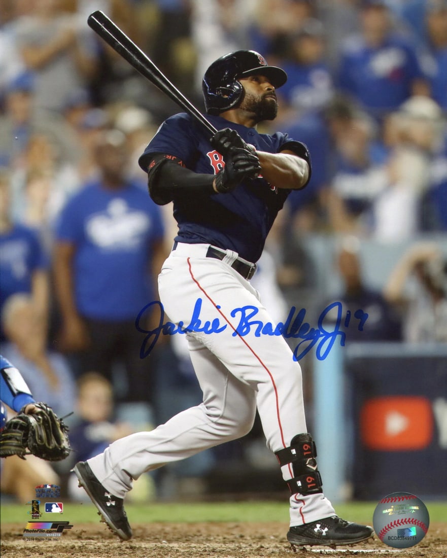 Jackie Bradley Jr autographed Boston Red Sox photo 8x10: Jackie Bradley Jr autographed Boston Red Sox photo 8x10 8x10 photo of Jackie Bradley Jr in his Boston Red Sox uniform, signed across the front in blue sharpie by the player. Authenticated and verified
