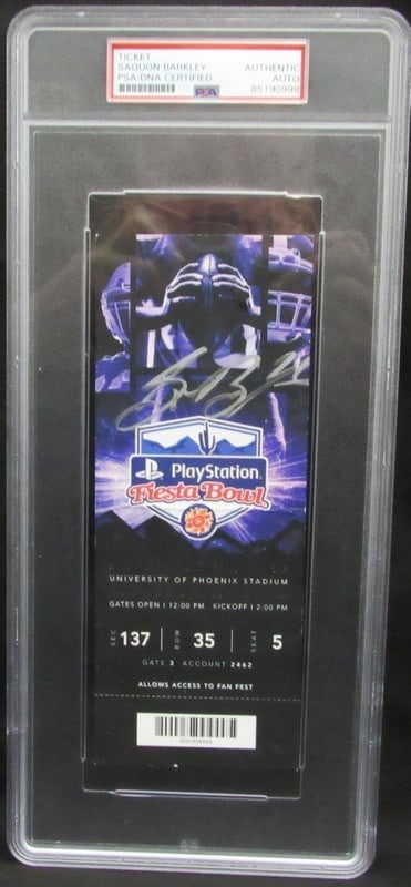 Signed 2017 Penn State Fiesta Bowl Ticket Full Saquon Barkley PSA: Signed 2017 Penn State Fiesta Bowl Ticket Full Saquon Barkley PSA Signed by Dave Cowens, a member of the Naismith Memorial Basketball Hall of Fame, this 3x5 index card features a genuine signature fro