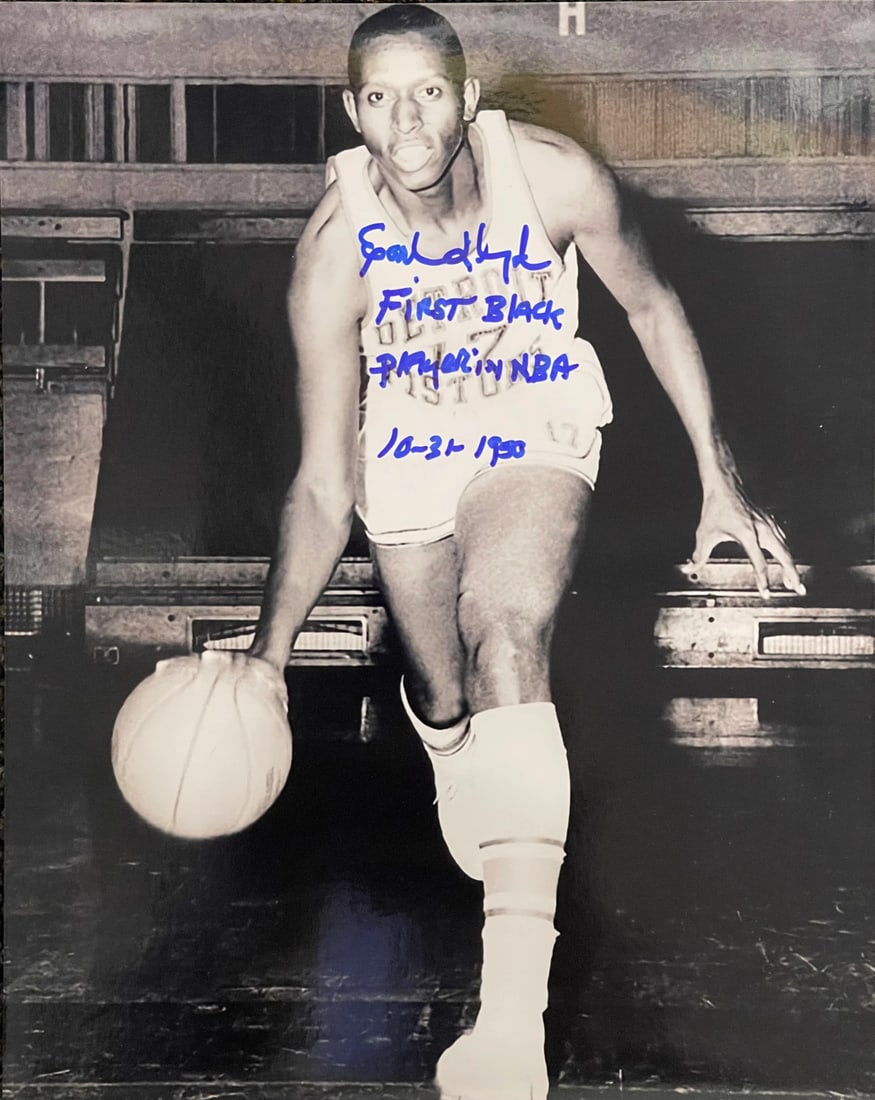 Earl Lloyd Autographed 8x10 Basketball Photo: Earl Lloyd Autographed 8x10 Basketball Photo Earl Lloyd's historic 8x10 basketball photo, signed in blue sharpie across the front with the inscription "First Black Player in NBA 10-31-1950". This icon