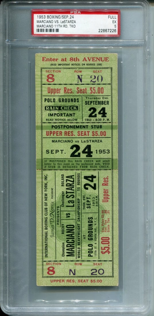 Rocky Marciano LaStarza Full Boxing Ticket 1953 PSA (1 of 2)
