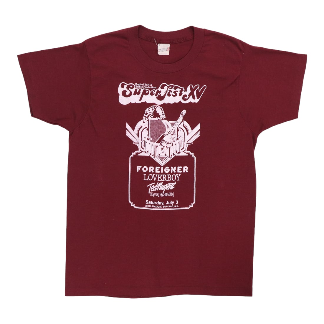 Iron Maiden Shirt 1982 Superfest: Iron Maiden Shirt 1982 Superfest Large Iron Maiden Shirt from the iconic 1982 Superfest Concert. This vintage 50/50 poly/cotton shirt features a striking red color and measures 26" at collar to hem, w