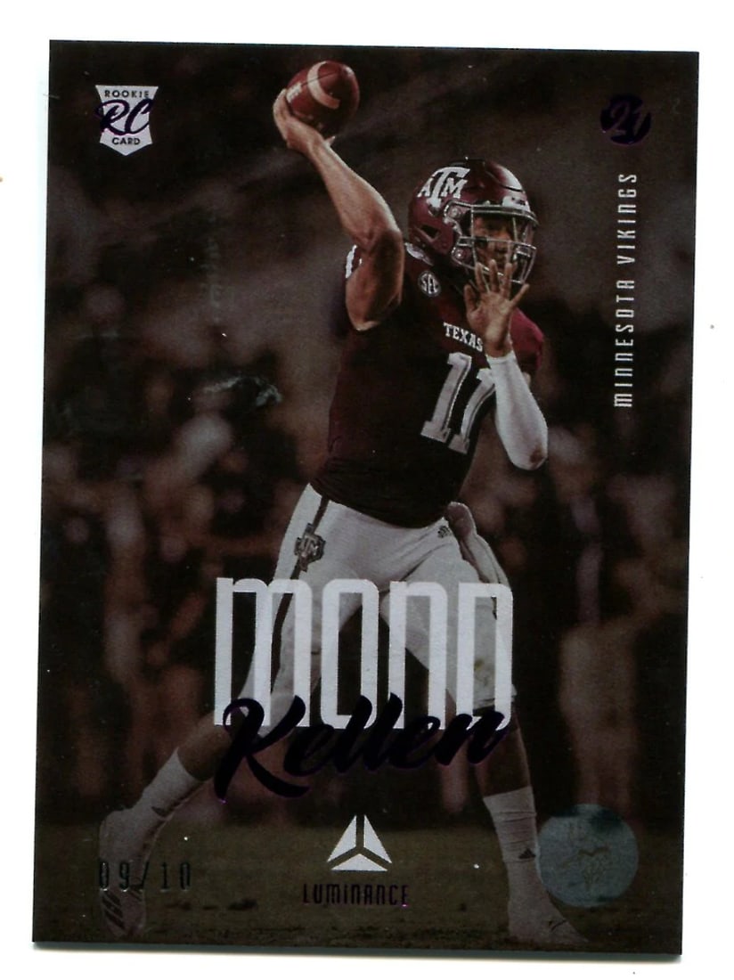 Purple Luminance Panini Card Rookie Kellen Mond 2021 09 10: Purple Luminance Panini Card Rookie Kellen Mond 2021 09 10 Kellen Mond's 2021 Panini Purple Luminance Rookie Card features his rookie stats and a vibrant purple design, making it a standout addition t