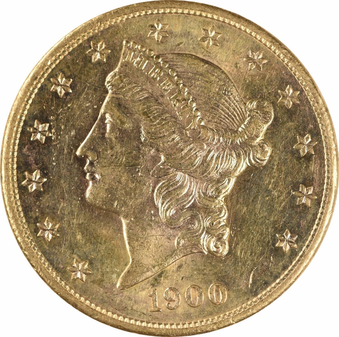 1900-S $20 Gold Liberty Head BU Uncertified: 1900-S $20 Gold Liberty Head BU Uncertified The 1900-S $20 Gold Liberty Head coin boasts its uncirculated condition, showcasing a high level of detail and luster. Certified as Uncirculated with a Km n
