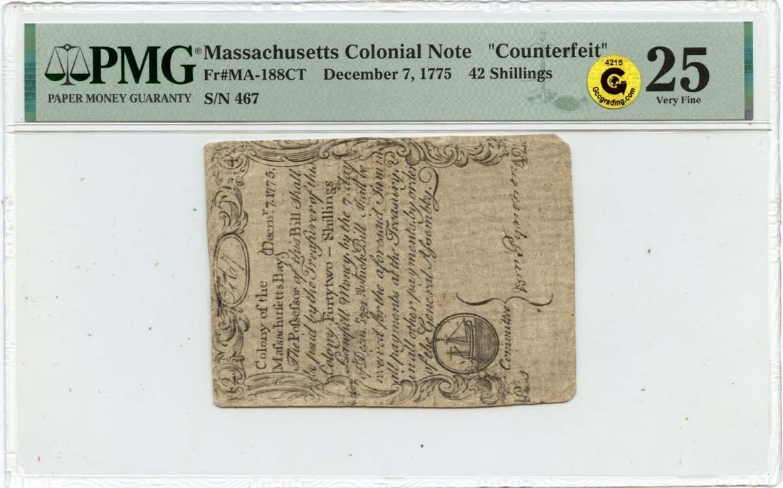 1775 Dec. 7, 42s Massachusetts Colonial FR#MA-188CT PMG VF25 GCC Counterfeit SIH (1 of 1)