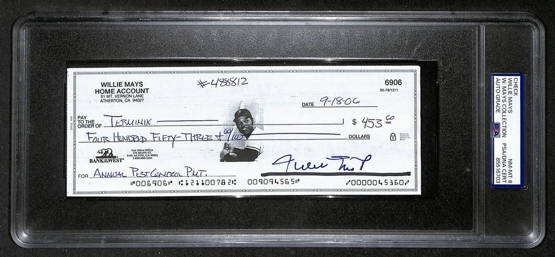 Willie Mays HOF Signed/ Auto 2006 Bank Check PSA/ DNA NM-MT 8 209070: Willie Mays HOF Signed/ Auto 2006 Bank Check PSA/ DNA NM-MT 8 209070 Signed by Willie Mays, one of baseball's greatest legends, this 2006 bank check boasts the Hall of Famer's distinctive signature. T