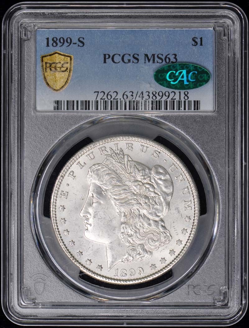 1899-S $1 Morgan Dollar PCGS MS63 (CAC): 1899-S $1 Morgan Dollar PCGS MS63 (CAC) The 1899-S $1 Morgan Dollar, graded MS63 by PCGS, boasts a stunning San Francisco mint mark. This uncirculated coin bears the signature of its creator and is ce