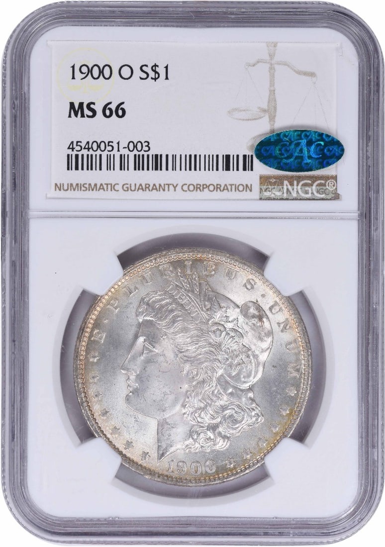 1900-O Morgan Silver Dollar MS66 NGC (CAC): 1900-O Morgan Silver Dollar MS66 NGC (CAC) The 1900-O Morgan Silver Dollar MS66 NGC (CAC) boasts exceptional condition, earning its high grade from the numismatic authority. This stunning coin feature