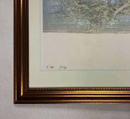 Hand signed winter tree woodblock print framed 1976 - 2