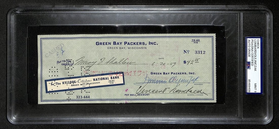 Vince Lombardi HOF Packers Signed/ Autographed 1959 Bank Check PSA/ DNA 197219 (1 of 2)