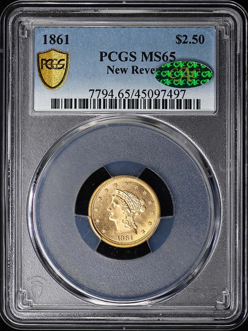 1861 $2.50 New Reverse Liberty Head Quarter Eagle PCGS MS65 (CAC): 1861 $2.50 New Reverse Liberty Head Quarter Eagle PCGS MS65 (CAC) PCGS MS65, CAC - A highly graded 1861 $2.50 Liberty Head Quarter Eagle in exceptional condition, boasting a stunning reverse design an