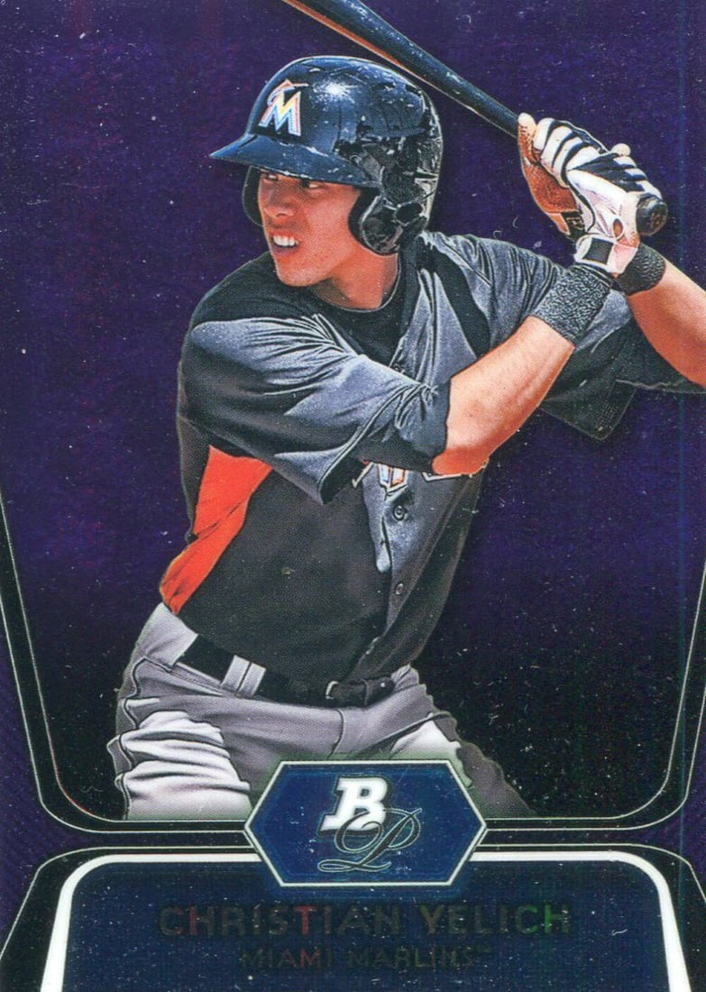 Christian Yelich 2012 Bowman Platinum Purple Refractor Card: Christian Yelich 2012 Bowman Platinum Purple Refractor Card Christian Yelich 2012 Bowman Platinum Purple Refractor Card - A highly sought-after rookie card from the 2012 Bowman Platinum set, featuring
