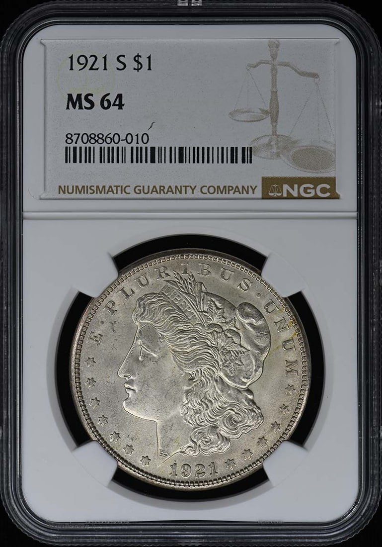 Morgan Dollar S$1 NGC MS64: Morgan Dollar S$1 NGC MS64 The 1921 Morgan Dollar, graded MS64 by the Numismatic Guaranty Corporation (NGC), boasts exceptional mint state condition with subtle details preserved. This uncirculated co