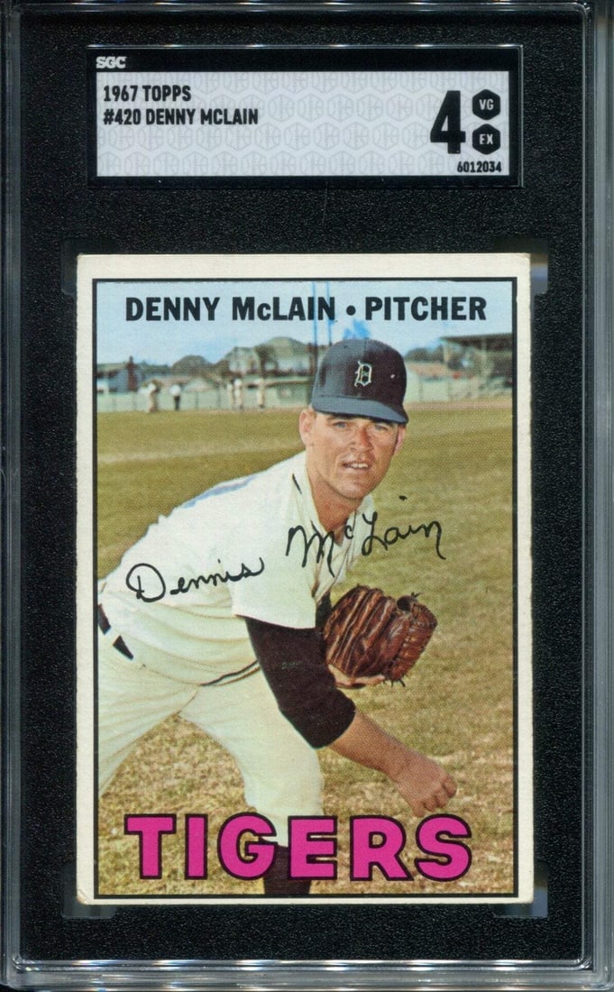 SGC 4 McLain Denny 1967 Topps: SGC 4 McLain Denny 1967 Topps SGC 4 McLain Denny 1967 Topps card, expertly graded with a 4 rating, showcases the iconic 1967 season of Denny McLain. Packed and shipped from Dania Beach Florida, this v