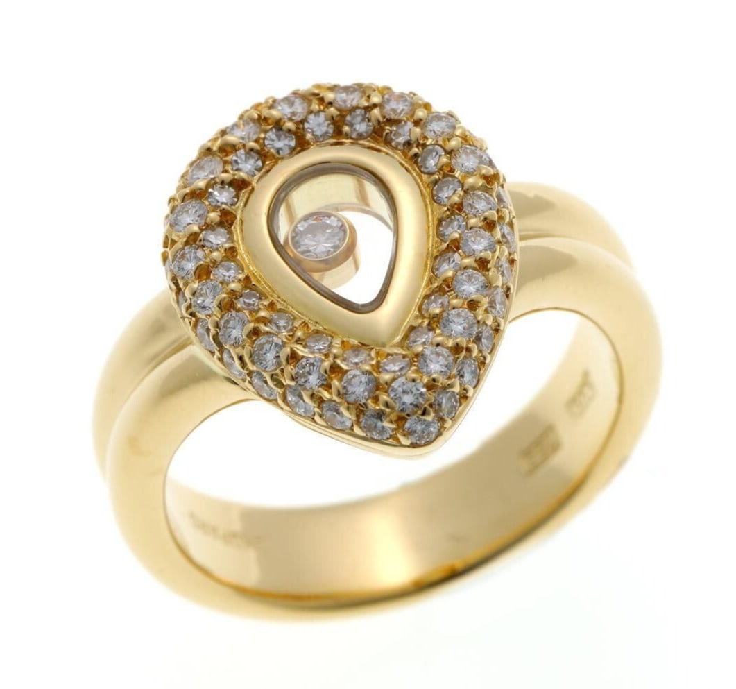 Vintage Chopard Happy Diamonds 18k Yellow Gold Pear Shape Ring Floating Diamond: Vintage Chopard Happy Diamonds 18k Yellow Gold Pear Shape Ring Floating Diamond Item Specifics: Materials Sourced From: Switzerland Shape: Teardrop Occasion: Anniversary Birthday Christening Christmas