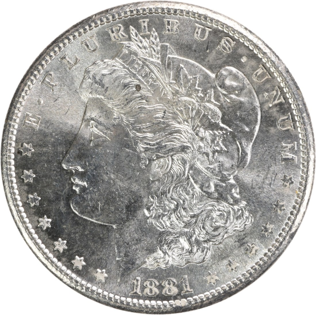 1881-S Morgan Silver Dollar Choice BU Uncertified: 1881-S Morgan Silver Dollar Choice BU Uncertified This 1881-S Morgan Silver Dollar is an Uncirculated Choice BU coin, certified by the US Mint as having been minted in San Francisco. Its silver compos