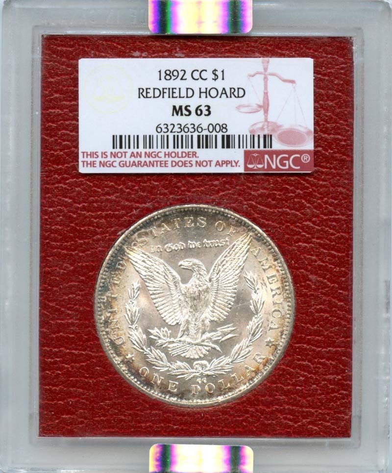 1892-CC $1 Morgan Dollar Redfield Hoard NGC MS63: 1892-CC $1 Morgan Dollar Redfield Hoard NGC MS63 The 1892-CC $1 Morgan Dollar Redfield Hoard NGC MS63 is an uncirculated coin with a high grade of MS63, certified by the Numismatic Guaranty Corporatio