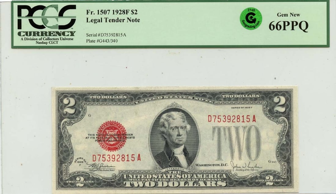 1928F $2 Legal Tender Note FR#1507 PCGS CU64 EPQ GCC Green: 1928F $2 Legal Tender Note FR#1507 PCGS CU64 EPQ GCC Green The 1928F $2 Legal Tender Note features a stunning example of circulated condition, with its grade of CU64 and EPQ designation indicating a h