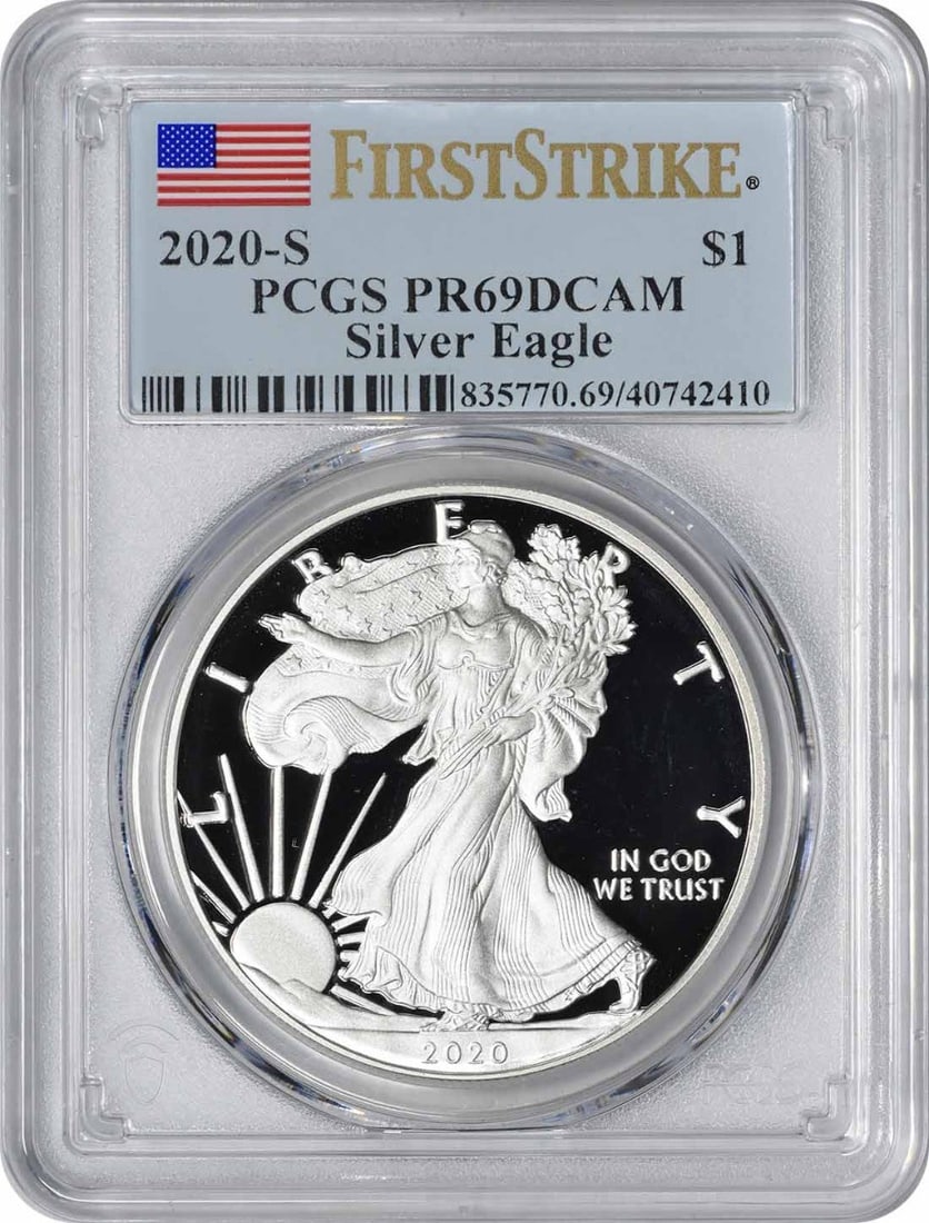2020-S $1 American Silver Eagle PR69DCAM First Strike PCGS: 2020-S $1 American Silver Eagle PR69DCAM First Strike PCGS The 2020-S $1 American Silver Eagle PR69DCAM First Strike PCGS is a highly graded proof coin, boasting a PR69 grade from the Professional Coi
