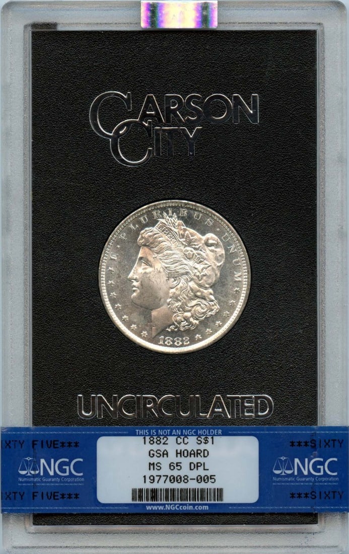 1882-CC Morgan Dollar GSA HOARD S$1 NGC MS65DMPL: 1882-CC Morgan Dollar GSA HOARD S$1 NGC MS65DMPL The 1882-CC Morgan Dollar GSA HOARD S$1 NGC MS65DMPL is an uncirculated coin with a high grade, boasting exceptional detail and luster. Certified by th
