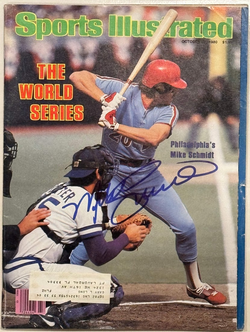 Mike Schmidt Autographed Sports Illustrated Magazine October 27 1980: Mike Schmidt Autographed Sports Illustrated Magazine October 27 1980 Signed in blue sharpie across the front of Sports Illustrated Magazine October 27, 1980, by Mike Schmidt. This magazine features a 