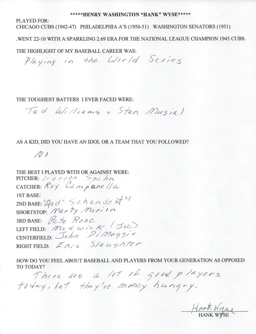 Hank Wyse Autographed Hand Filled Out Survey Page (JSA): Hank Wyse Autographed Hand Filled Out Survey Page (JSA) Item Specifics: Brand: James Spence Authentication (JSA) Hank Wyse Autographed Hand Filled Out Survey Page Signed and filled out inblack pen acr