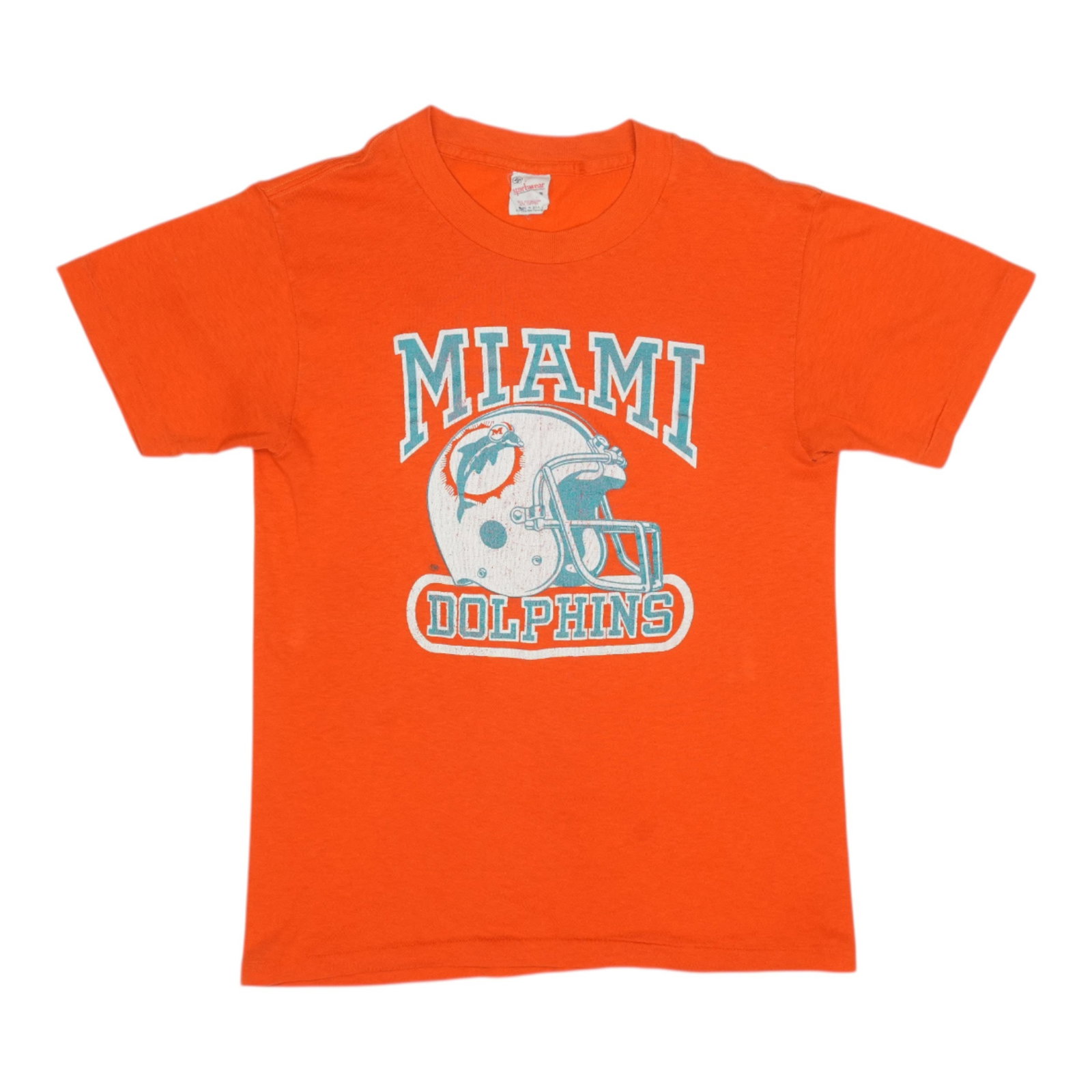 1980s Miami Dolphins Shirt: 1980s Miami Dolphins Shirt Medium vintage 1980s Miami Dolphins shirt with original design, featuring an all-orange color and classic fit. The shirt has some wear, including holes on the front and back