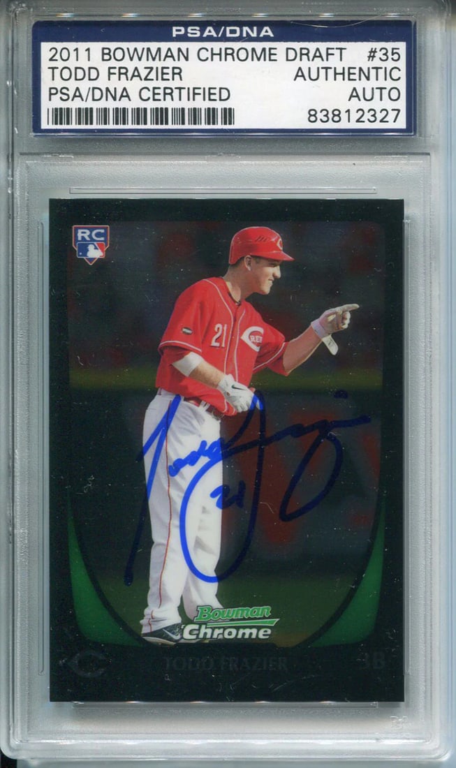 Todd Frazier Autographed 2011 Bowman Chrome Rookie Card (PSA/ DNA): Todd Frazier Autographed 2011 Bowman Chrome Rookie Card (PSA/ DNA) Todd Frazier's 2011 Bowman Chrome Rookie Card, signed in blue sharpie across the front, showcases the baseball player's early days